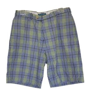 Peter Millar Shorts Mens Size 32 Plaid Blue Green Cotton Flat‎ Front Bermuda